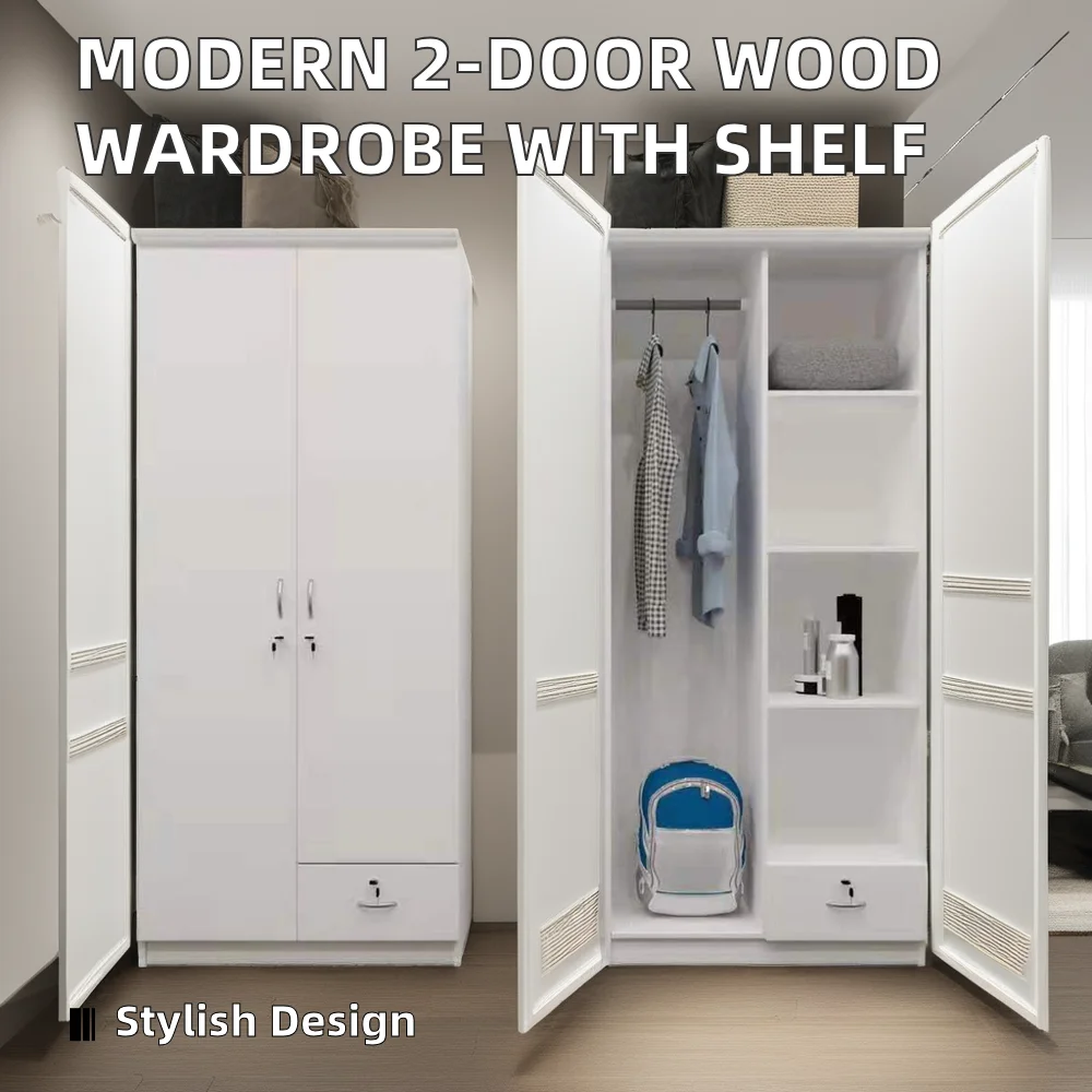 Hot Sale Modern Solid Wood Wardrobe 2-Door Office Storage Cupboard with Adjustable Shelf for Hotel School Bedroom Furniture