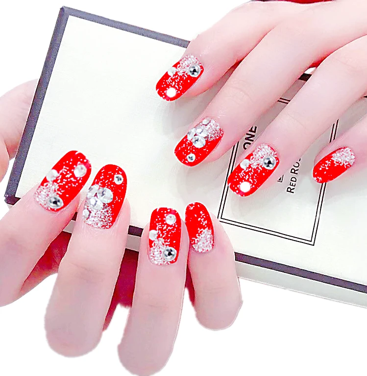 2022 Hot Sale Factory Direct Sale Big Red Diamond Encrusted Glitter Bridal Wedding Fake Nail Boxed Nail Patch Fake Nails
