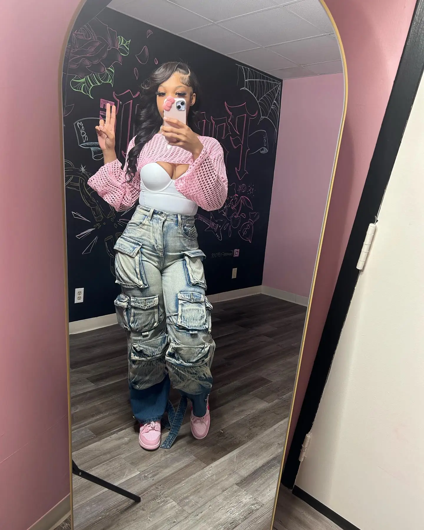 Bomblook C1016PT01 Winter Tie Dye Denim Wide Leg Jeans Cargo Jeans Women High Quality Denim Pants With Pockets Women