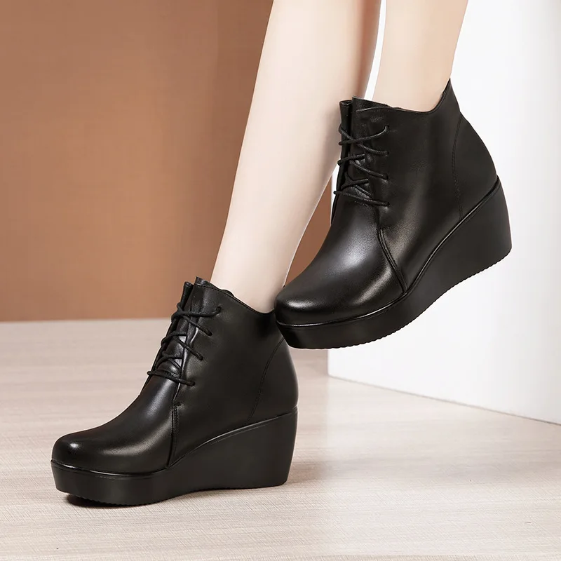 Wedge mid-heel ankle boots for women 2020 autumn/winter new muffin bottom thick waterproof platform round head large size all-ma