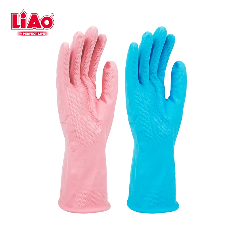 LIAO lengthened multifunctional blue and pink latex dish washing cleaning kitchen household gloves