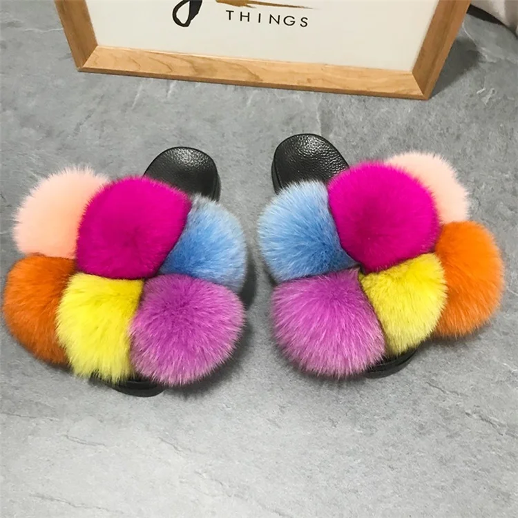 
custom logo indoor eva sole slide sandal colorful 100% fox fur slipper 