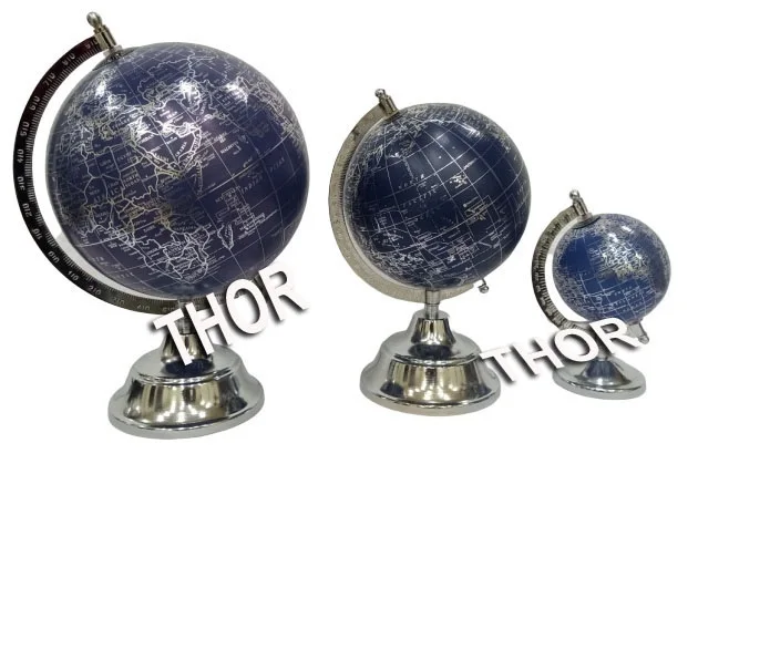 Vintage Blue World Map Globe Decorative Desktop Table Set of 3 Rotated Office Decor for Education for Geography Lessons