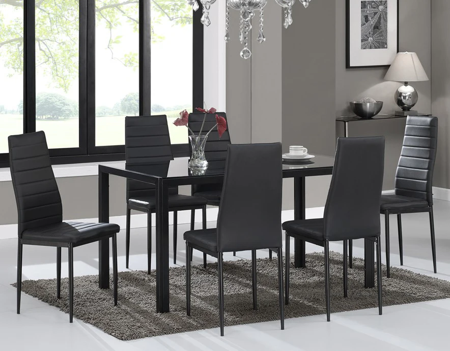 Cheap price dining table set glass table top metal leg dining room furniture rectangle dining table set 6 chairs