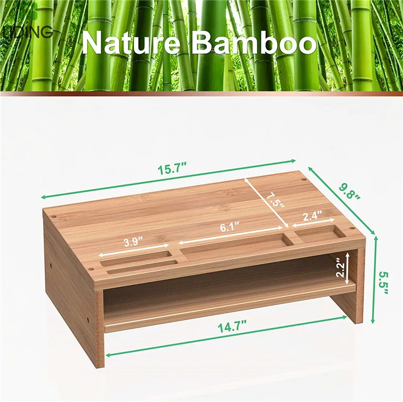 Bamboo Office Laptop Computer Monitor Bamboo Laptops Stand Desk Monitor Riser Stand with Storage Organizer for Computer