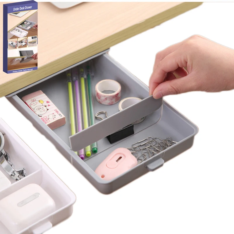 Self-Adhesive Under Desk Drawer Hidden Storage Organizer Pen Pencil Holder Under Table Drawer Storage Tray Desk Office Accessory