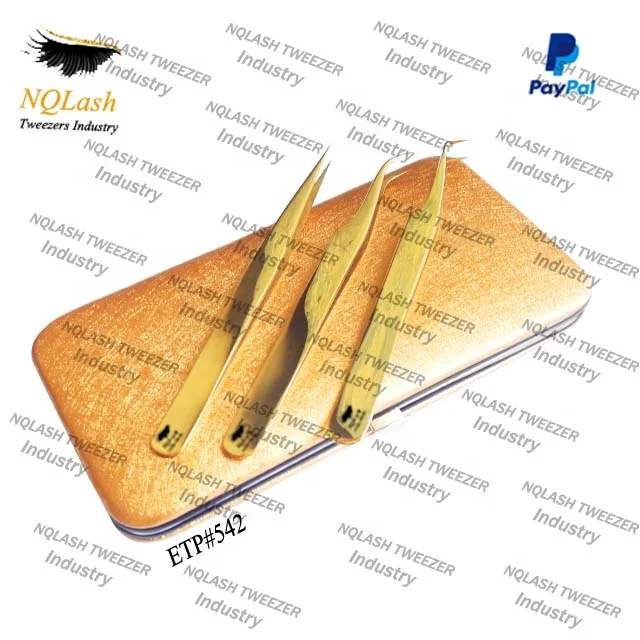 High Quality 3 Piece Plasma Gold Color Eyelash Extension Tweezers / Pointed Russian Volume Tweezers By NQLASH Tweezers