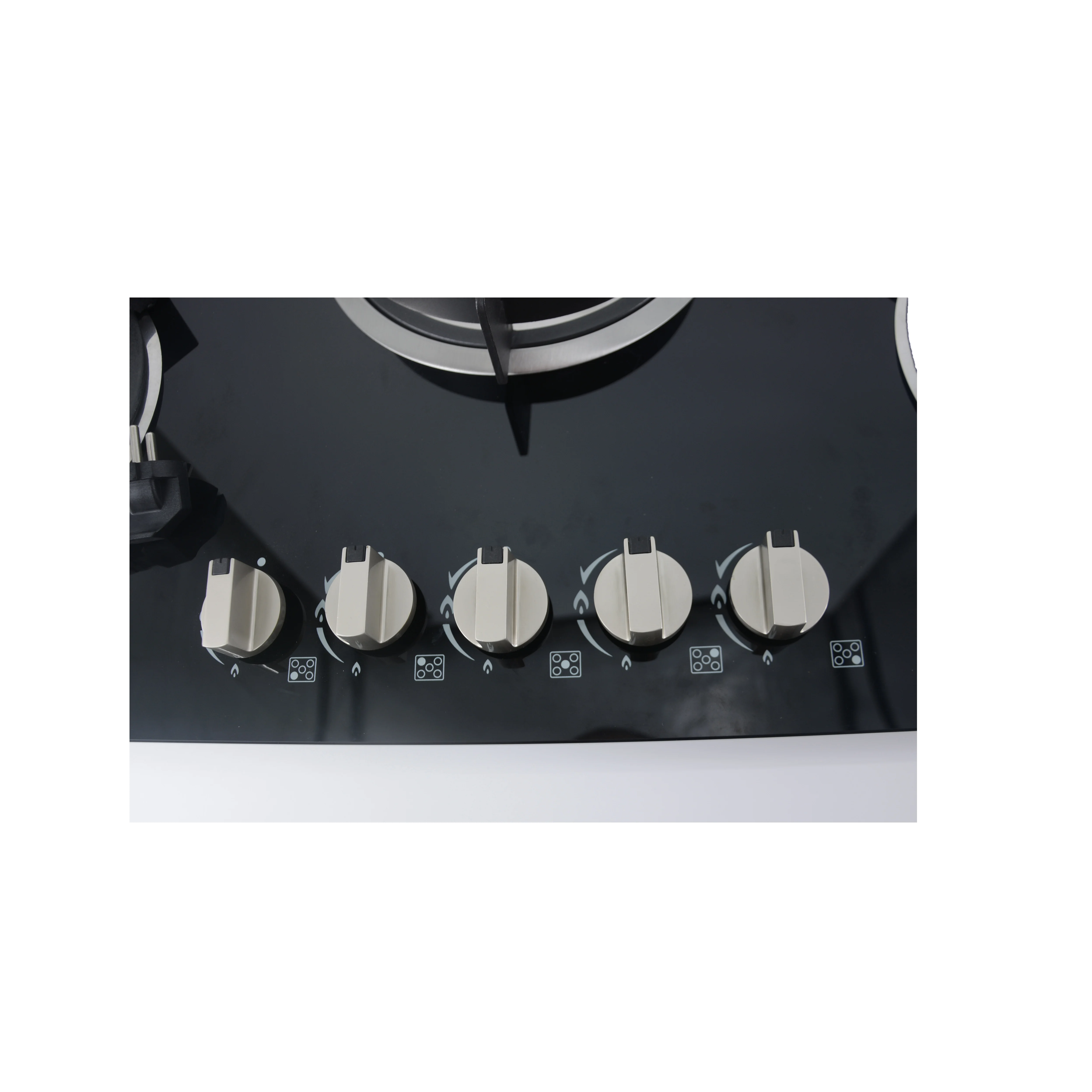Black Kitchen Gas Cooktop with Glass Panel and Manual Ignition for Home & Hotel Use Features Ceramic Surface and 5 Cookware