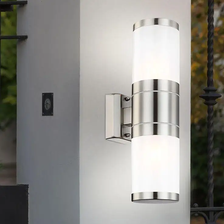 modern sliver stainless steel cylinder waterproof e27 outdoor garden up and down wall light lamp