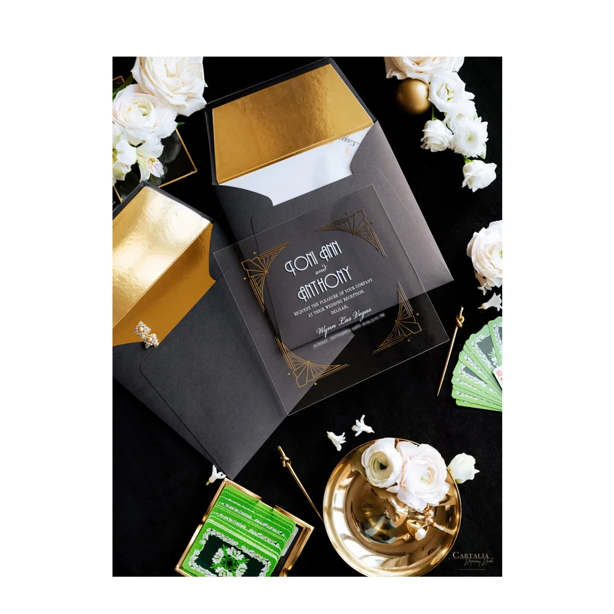 Luxury Gold Foil Square Acrylic Las Vegas Wedding Invitation cards with golden mirror liner envelope Bespoke