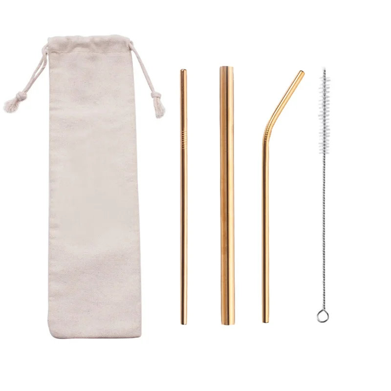 Портативный многоразовый чайный пузырь с логотипом под заказ Золотой металлический набор питьевой соломы из нержавеющей стали и щетки