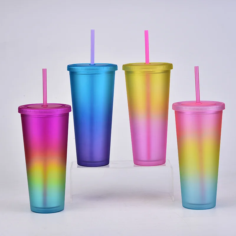 16oz Acrylic Tumbler Plastic Cups In Stock Water Bottle Double Wall Coffee Mug With Straw Bpa Free