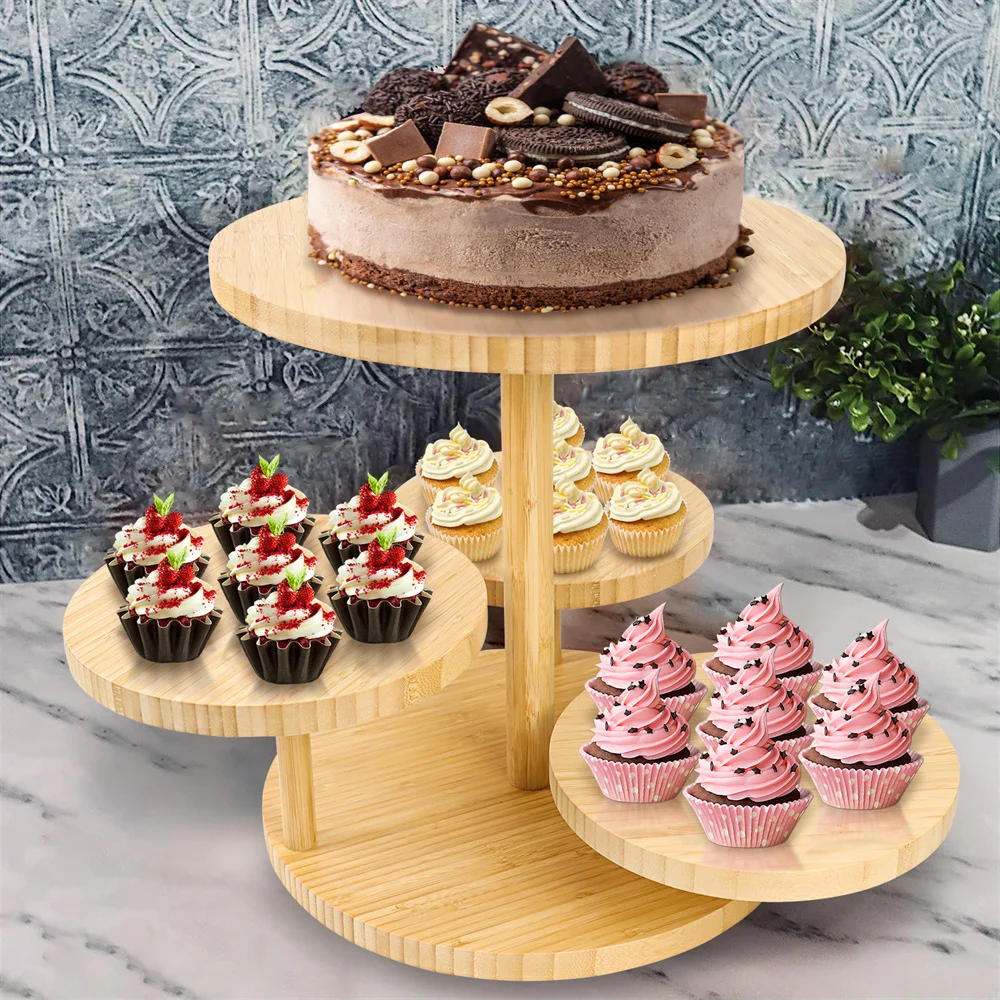 4 Tier Bamboo Wooden Cupcake Stand Fruit and Dessert Shelf Round Cake Holder Serving Tray for Wedding Party