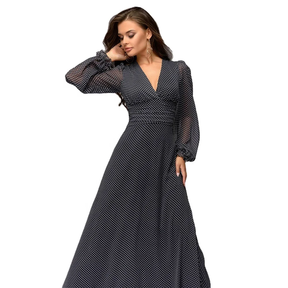 Европейское и американское женское длинное платье, летнее вечернее платье в горошек в стиле Хепберн, пикантное шифоновое ретро-платье с длинным рукавом