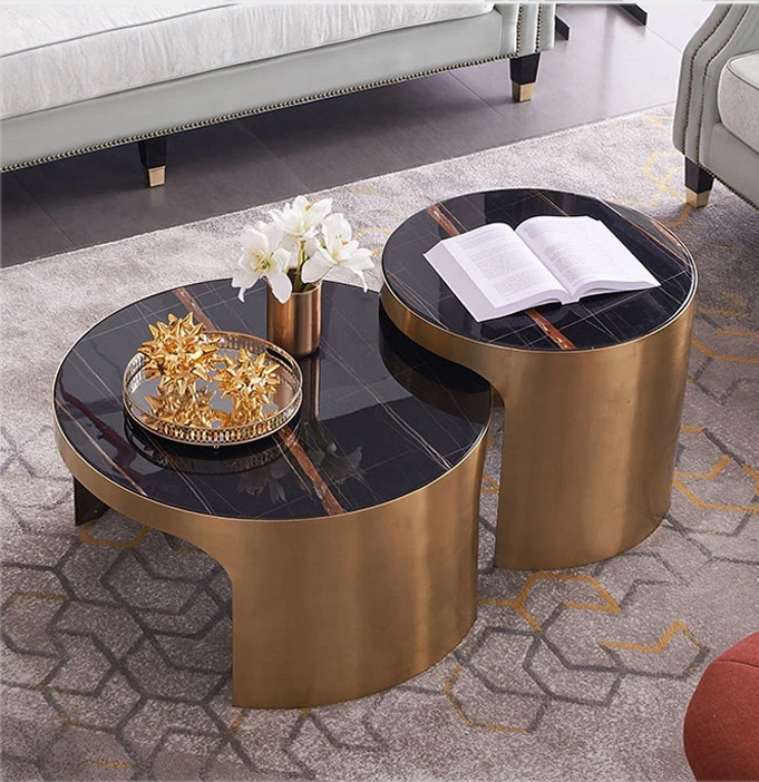 Modern luxury living room furniture black stainless steel ceramic stone top round white and black coffee table set