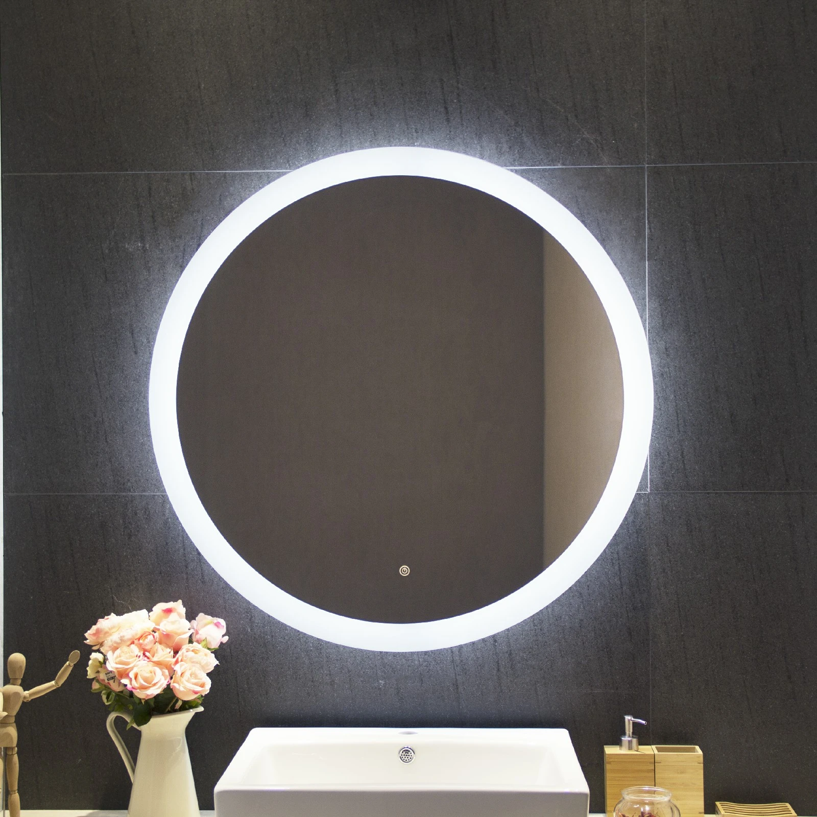 Deluxe intelligent led illuminated light Round bathroom mirror with defogger and led clock