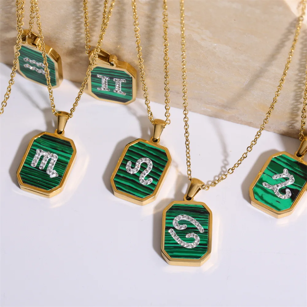New Style Green Malachite Zircon Stone Necklace 18k Gold Plated Women Square Horoscope Zodiac Necklace