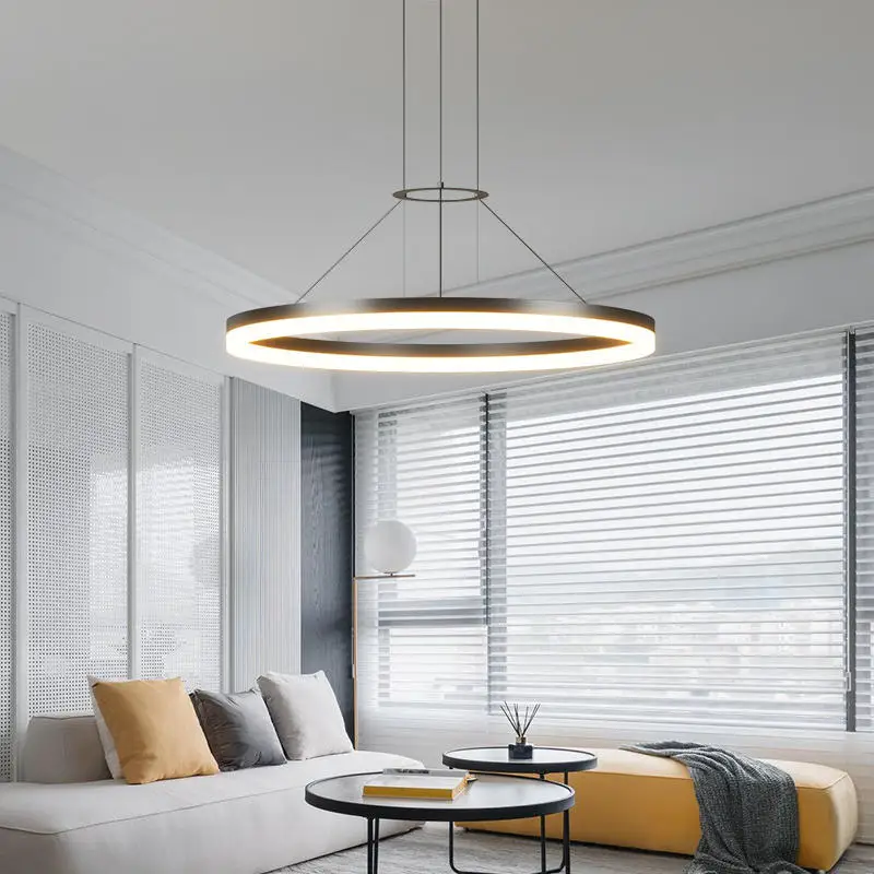 Rings style home decor led pendant light cheap kitchen dining round hanging lamp low ceilings nordic modern black LED chandelier