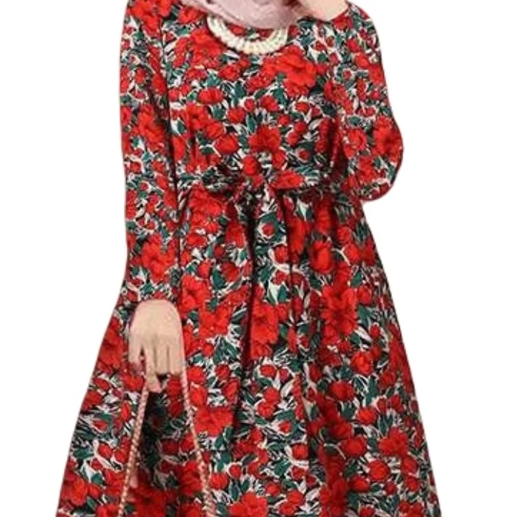 Floral printing loose waist swing dress with belt modest dress abaya burqa kaftan Muslim clothes Veiling clothing