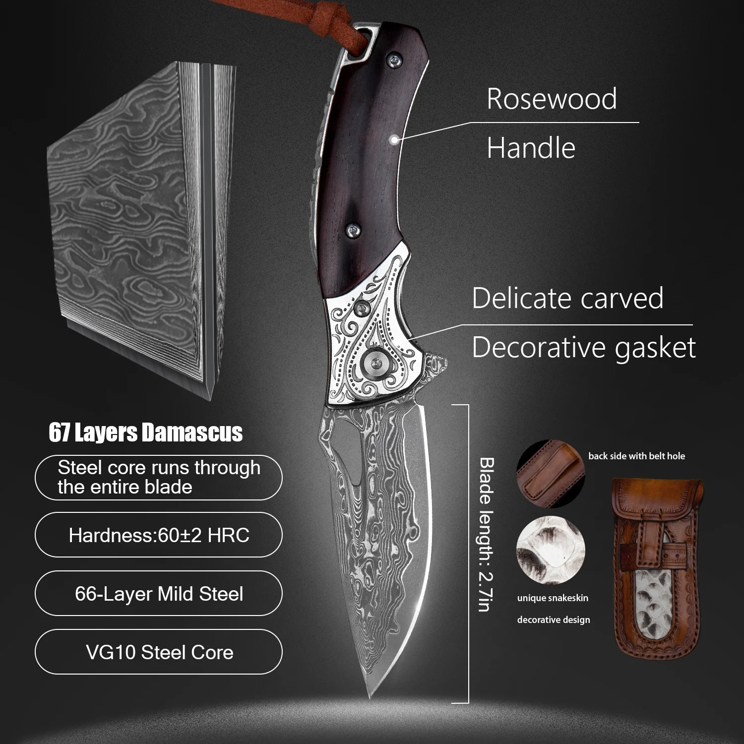 Handmade Outdoor Survival Hunting Leather Sheath EDC Knives Rosewood Damascus Steel Folding Pocket Knife with Clip