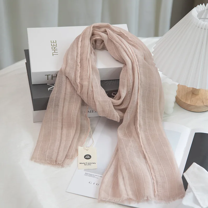 Pure Color Elegant Hollow Literary Cotton And Linen Short Small Scarf Female Spring And Summer Narrow Version Scarf