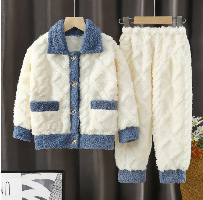Fleece Thermal Girl Sleepwear Set Children Pajamas Kids Long Sleeve Winter Flannel Home Clothes
