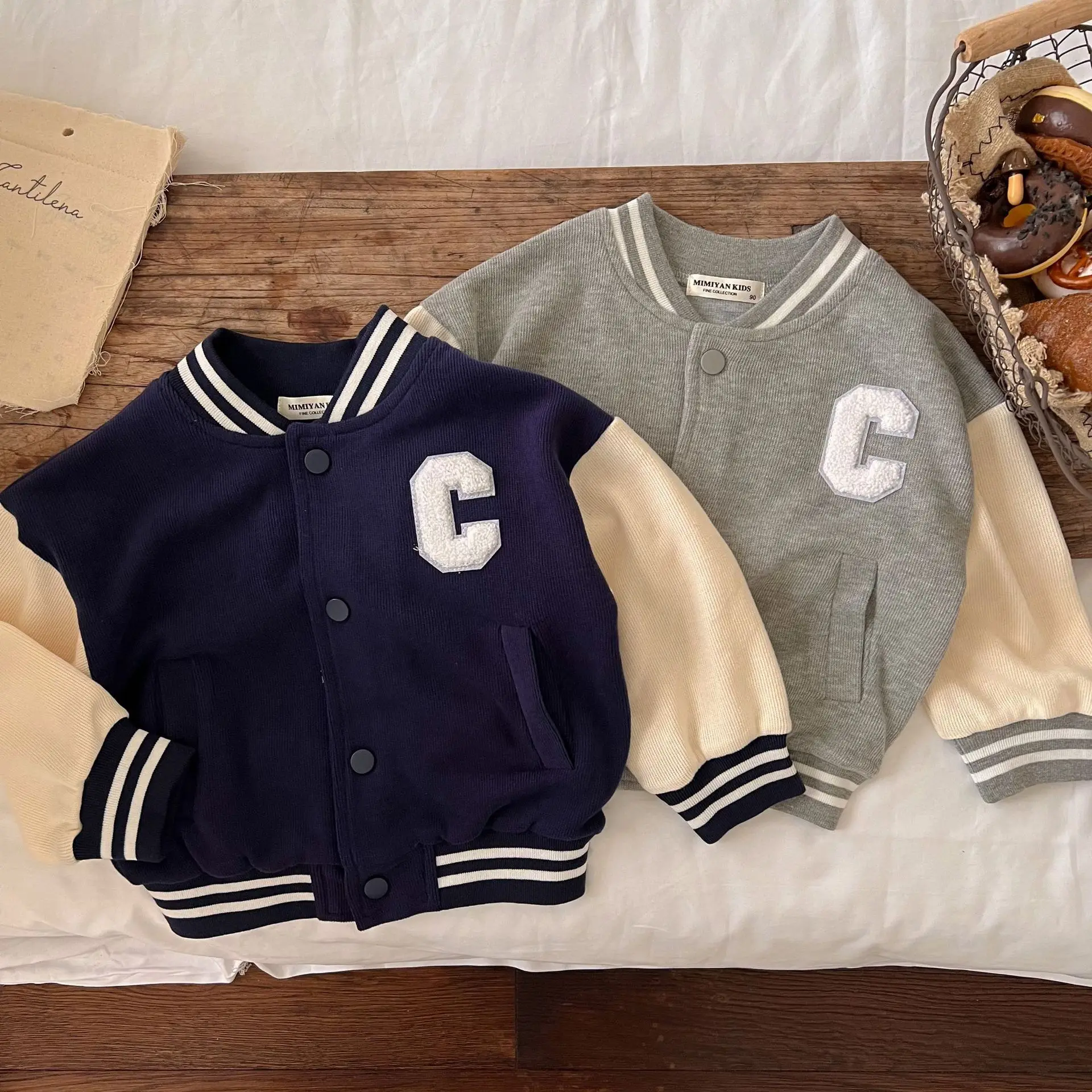 Custom Toddler Boys Girls Strip Trem Letter Graphic Jacket Kids Varsity Jackets