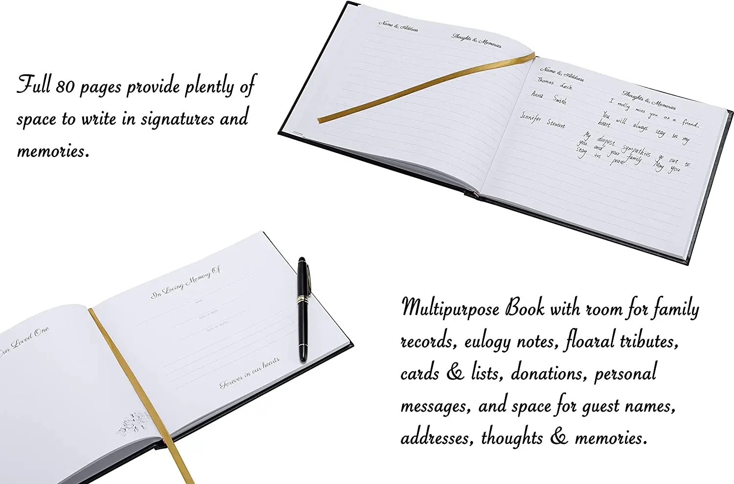 Custom Printing Funeral Guest Book Journal Set Black Leather Celebration of Life Memorial Guest Notebooks with Picture Pockets