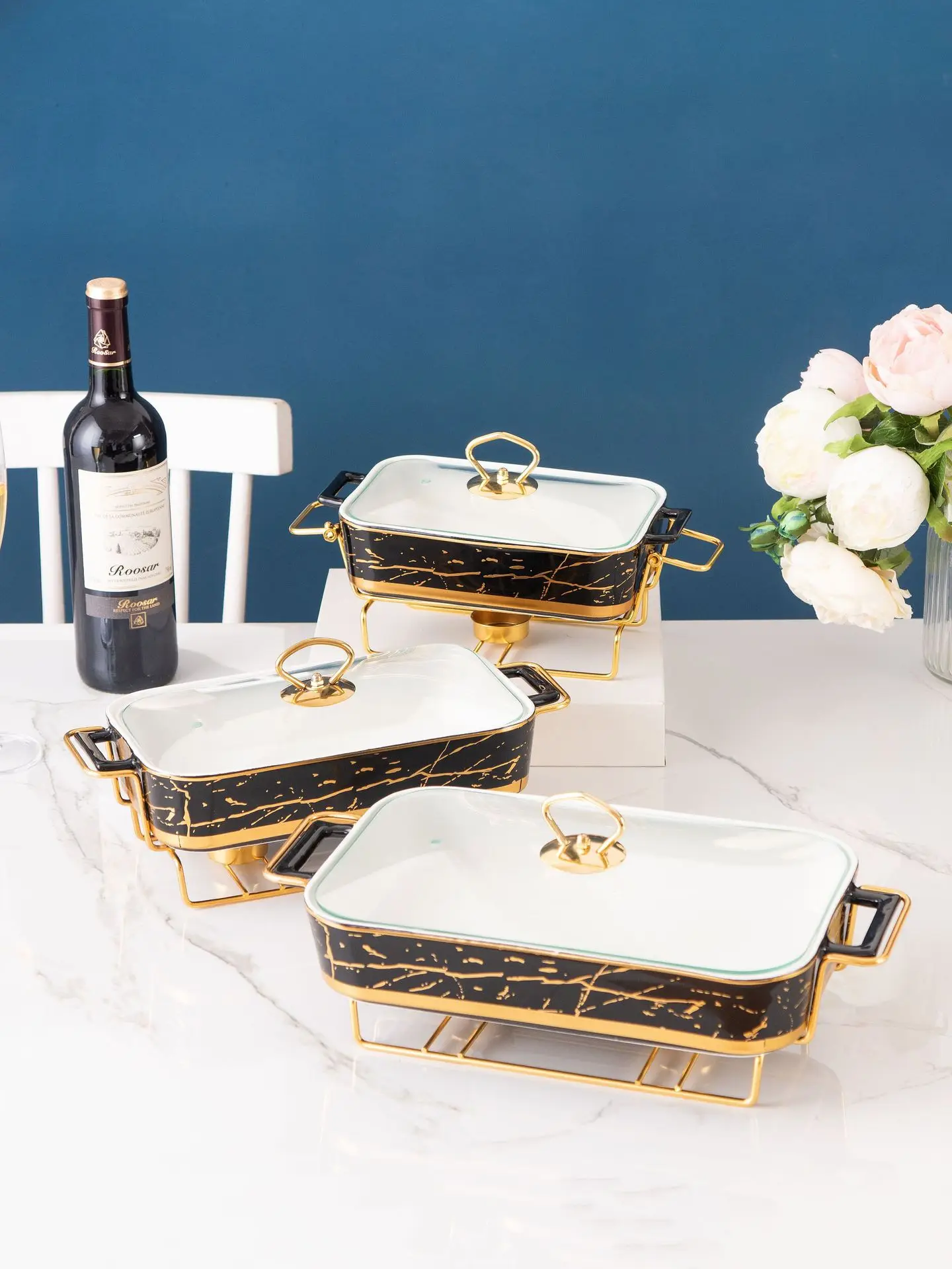 Factory direct selling golden casserole marble ceramic hotel tableware buffet soup set with rack insulation