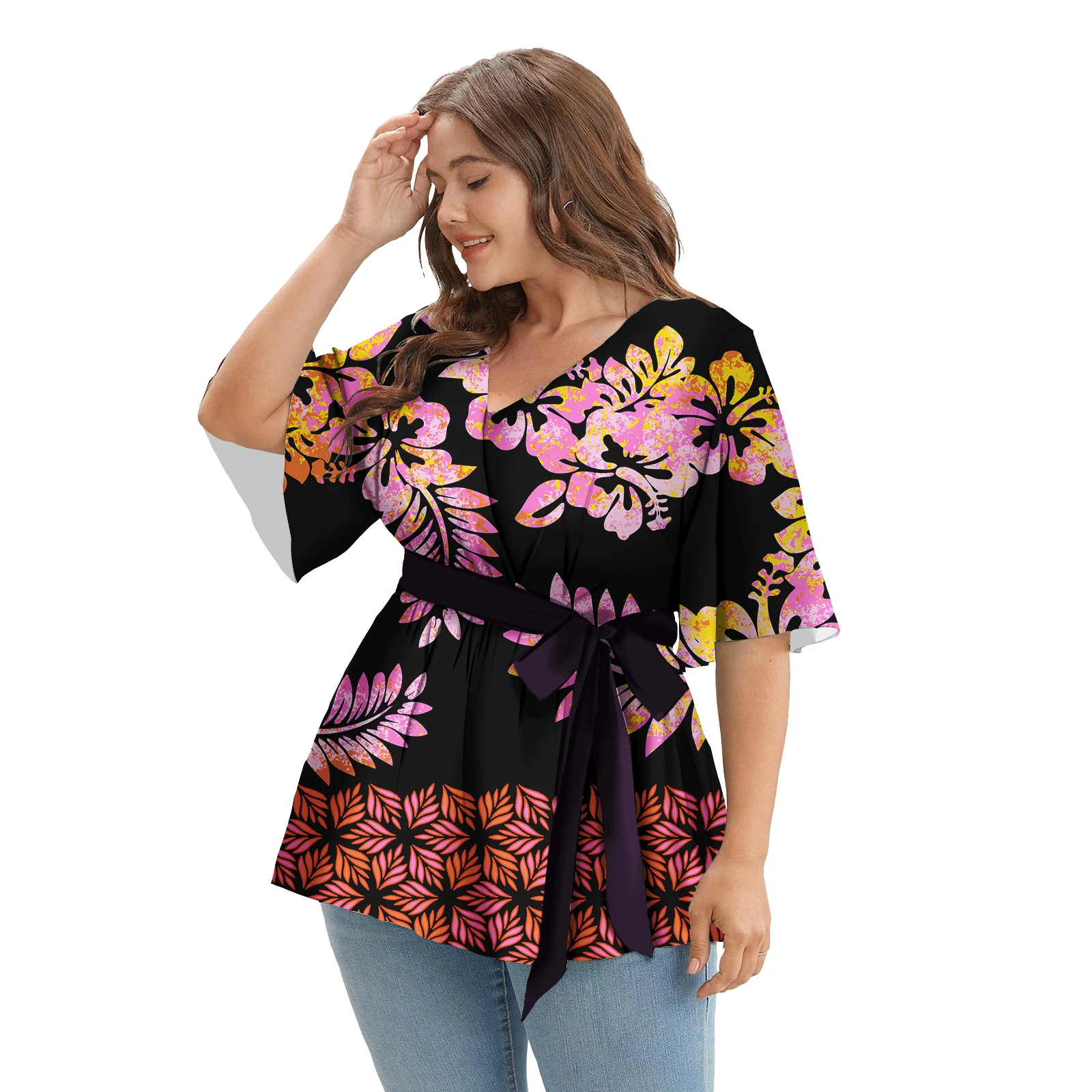 Woman Tops Fashionable Blouse Polynesian Tribal Hawaii Flower Designer Blouses For Women Short Sleeve Sexy Club Top Women