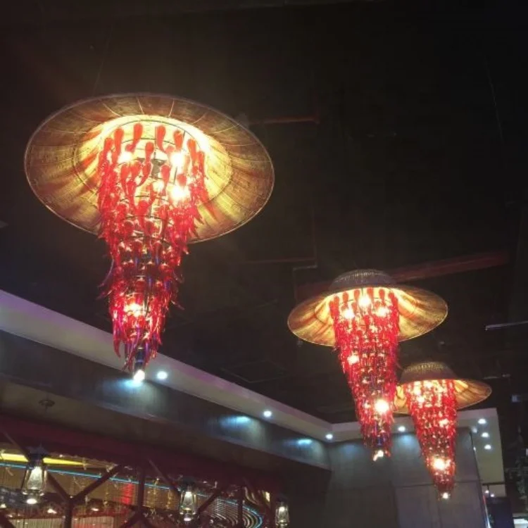 Hand Blown Art decoration hot pot restaurant lighting pepper design glass pieces unique handmade red glass art chandelier