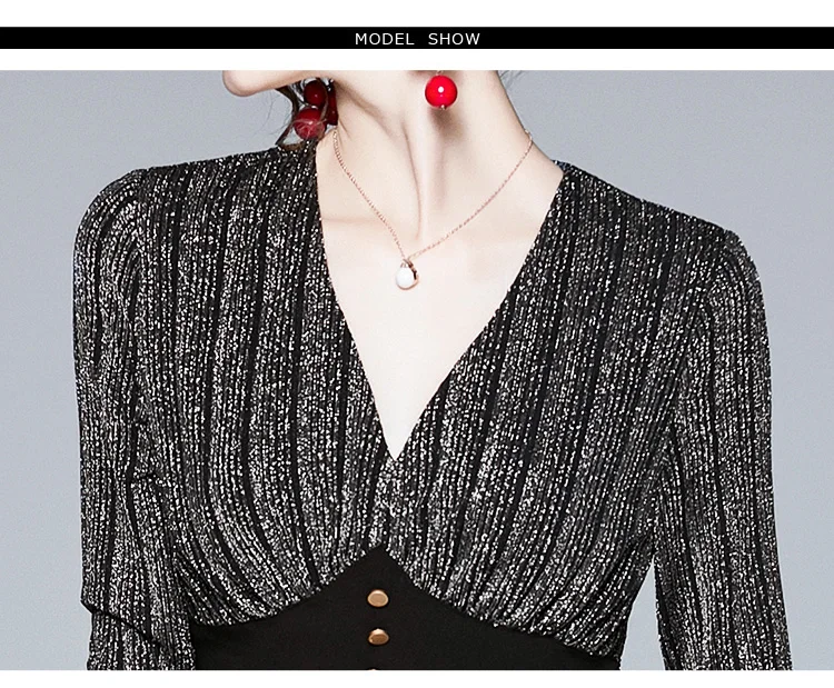 Hot Sale long sleeve V Neck elegant maxi dresses women empire slimming style buttons decoration umbrella dresses