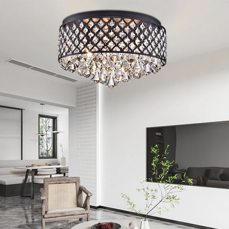 Custom hotel American style round fixture ceiling luxury hanging lighting led crystal modern chandeliers ceiling lights