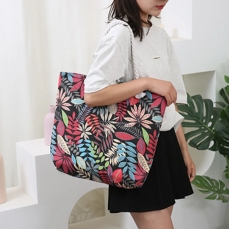 Beach Travel Canvas Rope Tote Cute Shoulder Shopping Bag for Woman