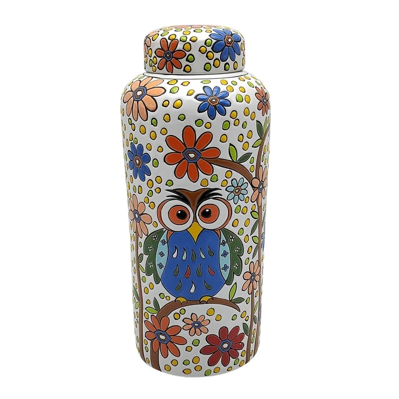 RXAW-XS23 White background Colorful  painted owl, flower and bird Pattern Ceramic Flat Lid Jar