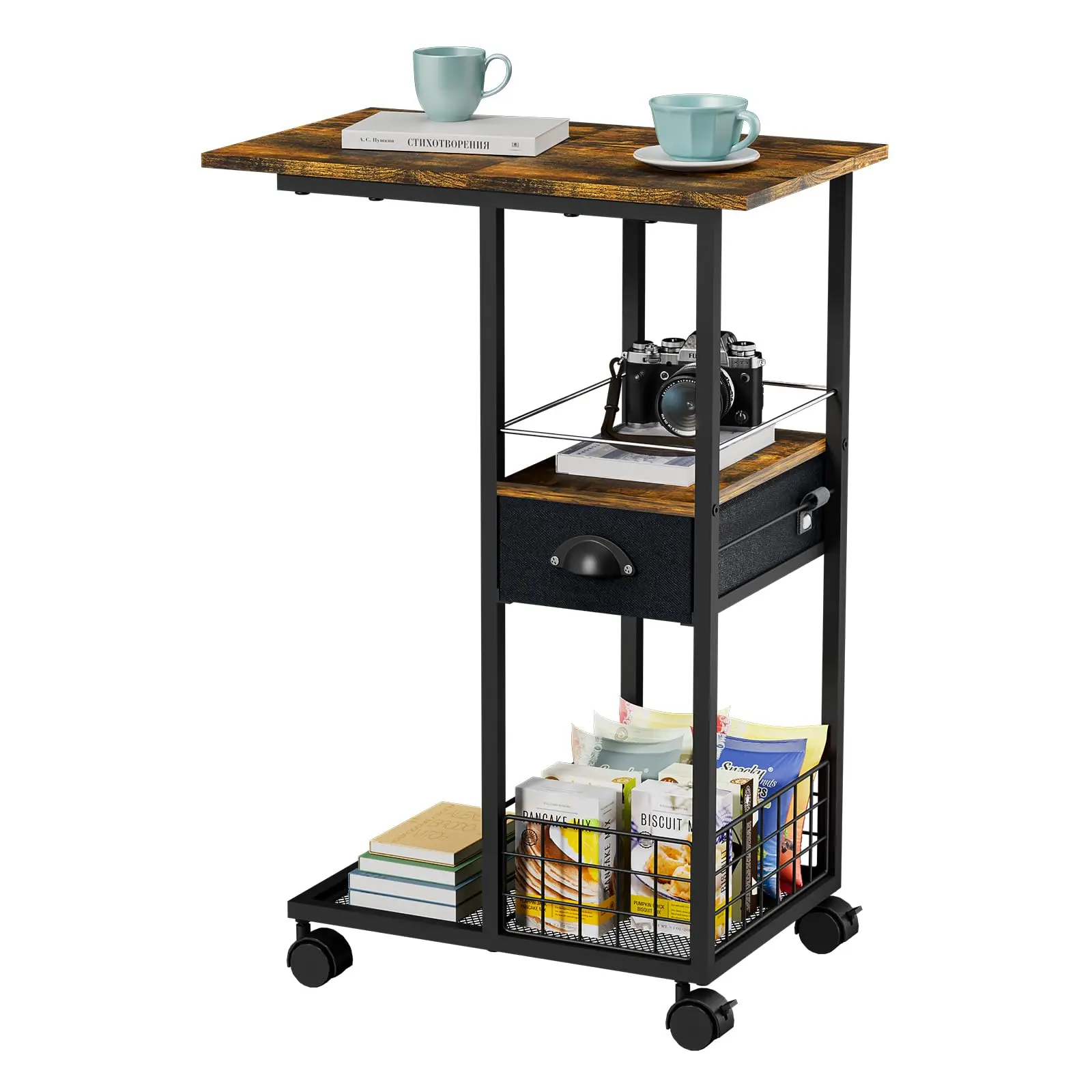 Black C Shaped Sofa Side Table shelf Living Room Bedroom Office Storage Basket Bedside Couch End Table with Drawer