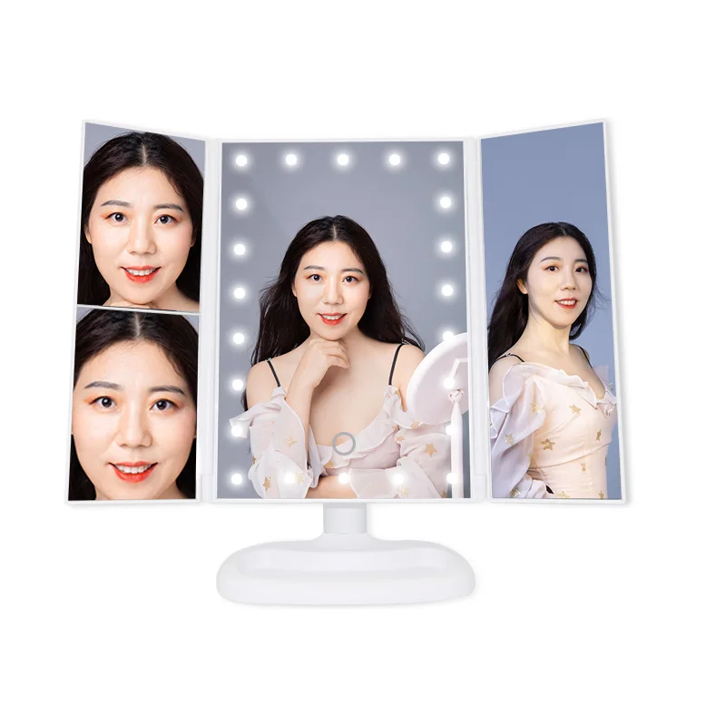 Espejos Con Luz Modern Custom 360 Foldable Room 3 Way Table Cosmetic Led Light Make Up Vanity Makeup Mirror With Led Lights