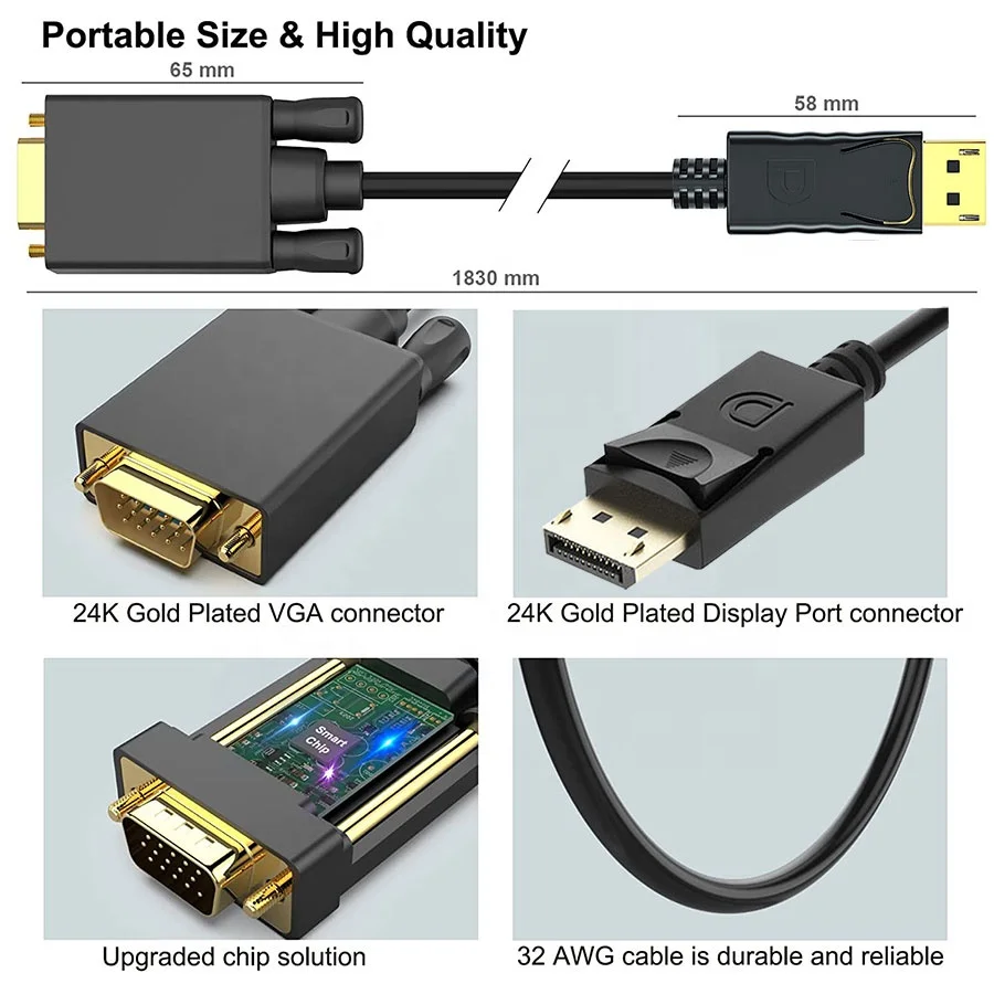 Factory Price Hot Sale 1.8m Display port To VGA Adapter Male to Female DP to VGA Converter for Projector TV Player support 1080P