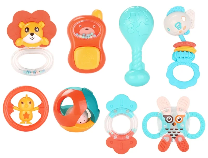  12 kinds of cute different design colorful baby teether ring non-toxic plastic rattle