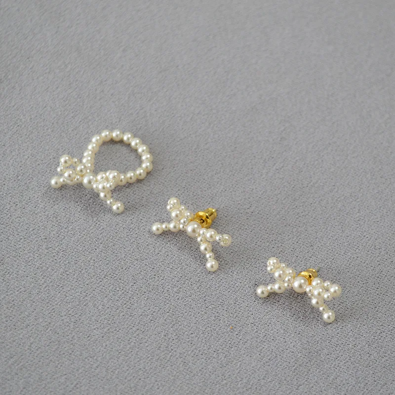 Japan Style 925 Sterling Silver Needle Pearl Bow Stud Earrings Finger Pearl Rings