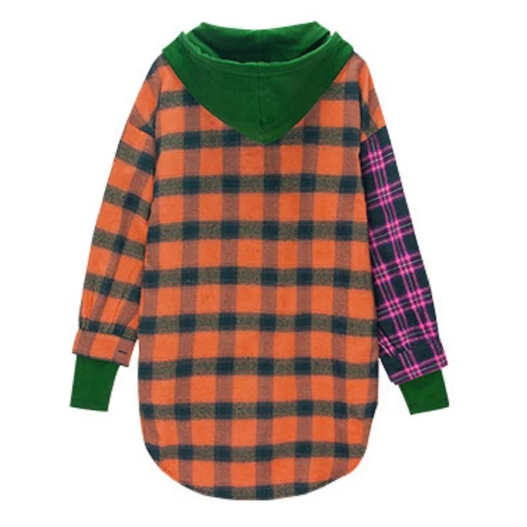 Streetwear Custom Flannel Patchwork Color Block Long Sleeve Hooded Button Up Curve Hem Oversize Women Plaid Shirts with hood