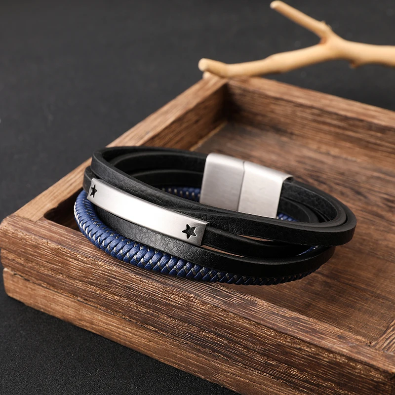 Stainless Steel Magnetic Closure Blue Round Leather Cord Chain Bracelet Men Woven Leather Bracelet for Anniversary