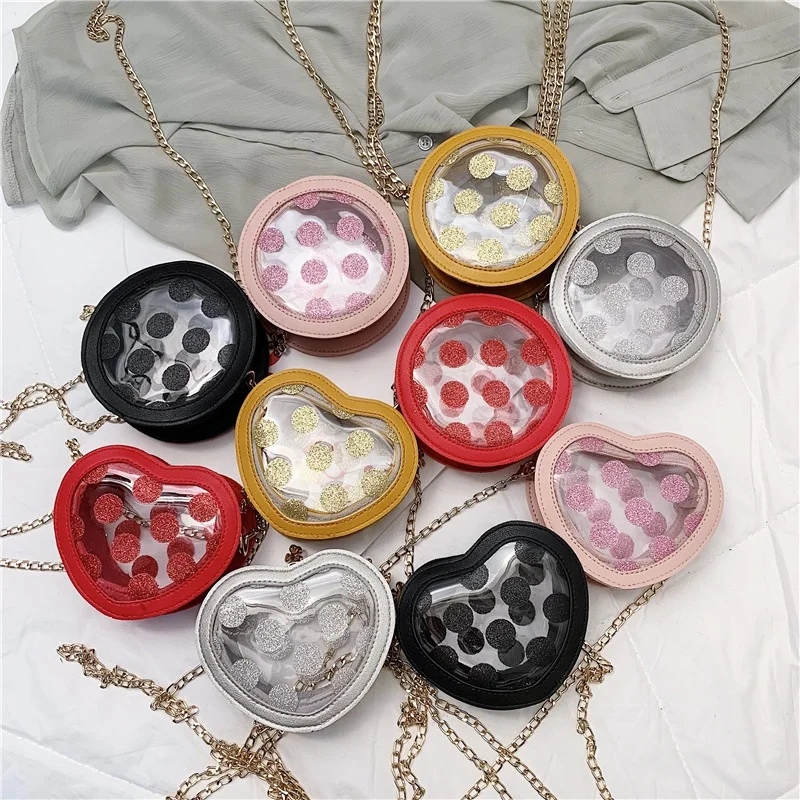 children pvc transparent chain sequin dot print heart and round shape clear jelly purse handbag for kids