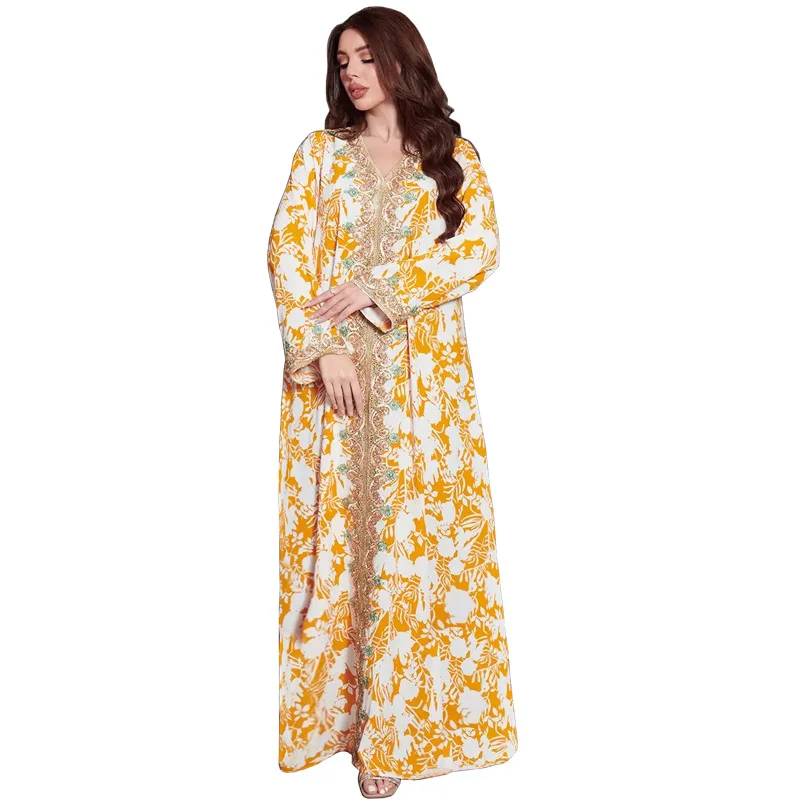 Hot selling loose wear fashion print beaded long sleeve maxi dress islamic clothing muslim dresses for women