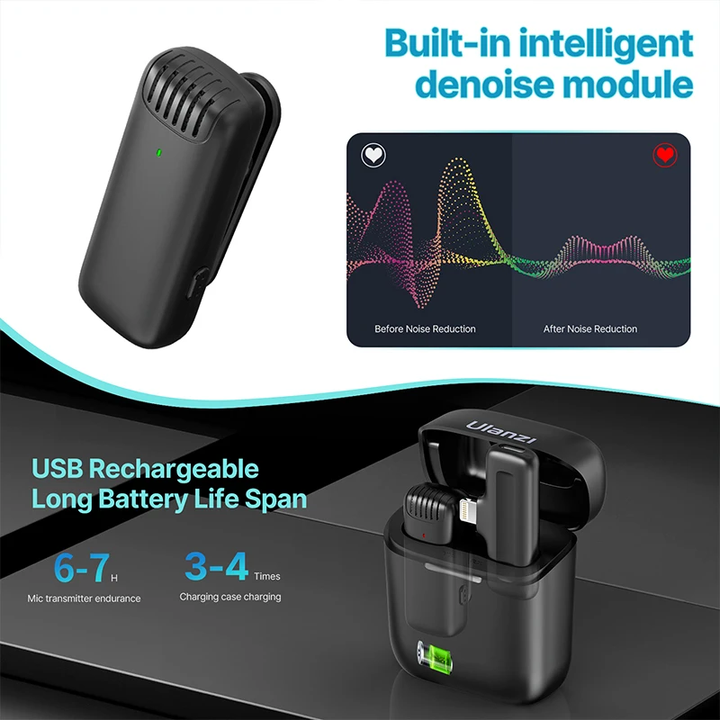 Ulanzi J11 Wireless Lavalier Microphone for iPhone iPad, Plug-Play Wireless Mic with Clips Charging Box for live streaming