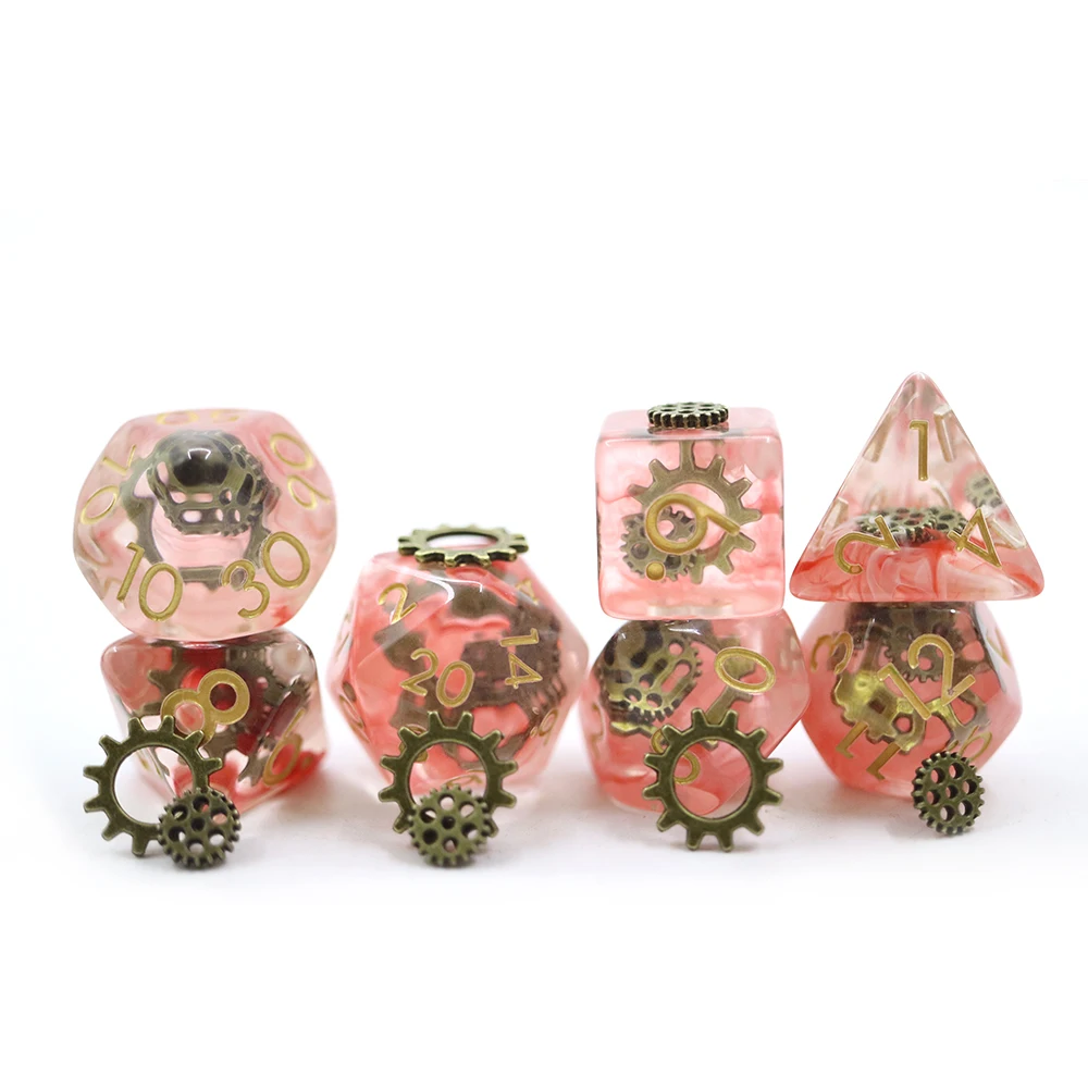 Wholesale Custom Gear Shape resin 7pcs pink Dices set For DND tabletop rpg game