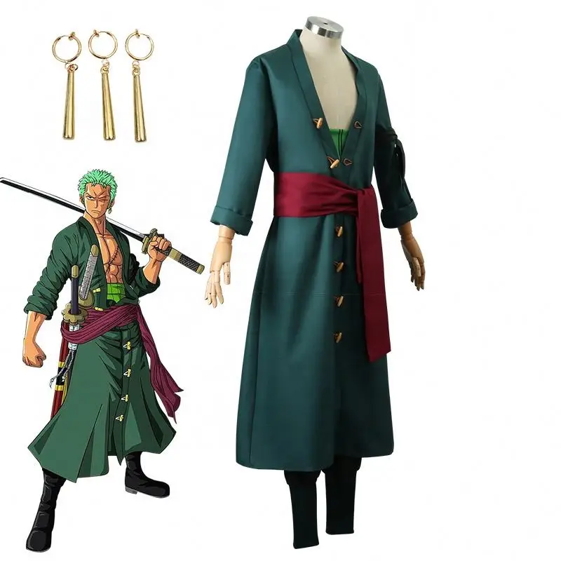 Roronoa Zoro Cosplay Costume Children Whole Series Green Coat Belt Pants Head Scarf Wig Earrings Japanese Character Halloween