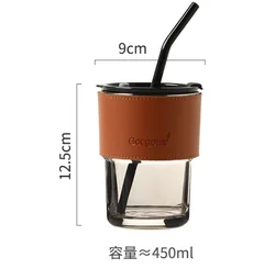 450ML Glass Coffee Cup With Lid And Straw Drinking Glass Tea Mug With Straw