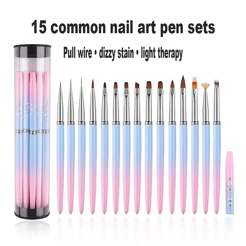 Nail Pen Nylon Gold Metal Handle Silicone Art Dotting Nail Brush Set Painting UV Gel Liner Nail Brush