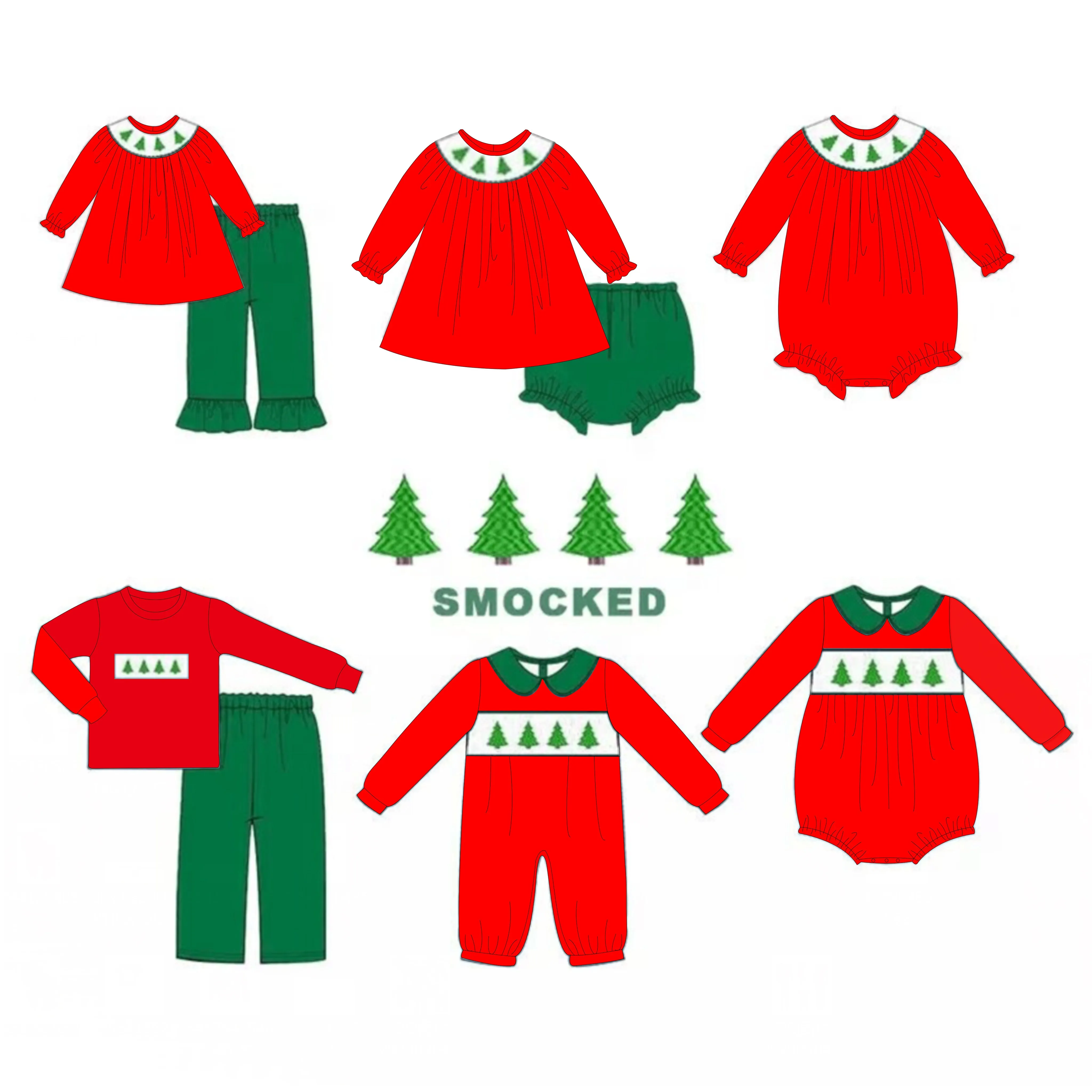 2023 custom kids winter clothes set Grinch embroidered toddler girls boutique smocked clothing Christmas outfit